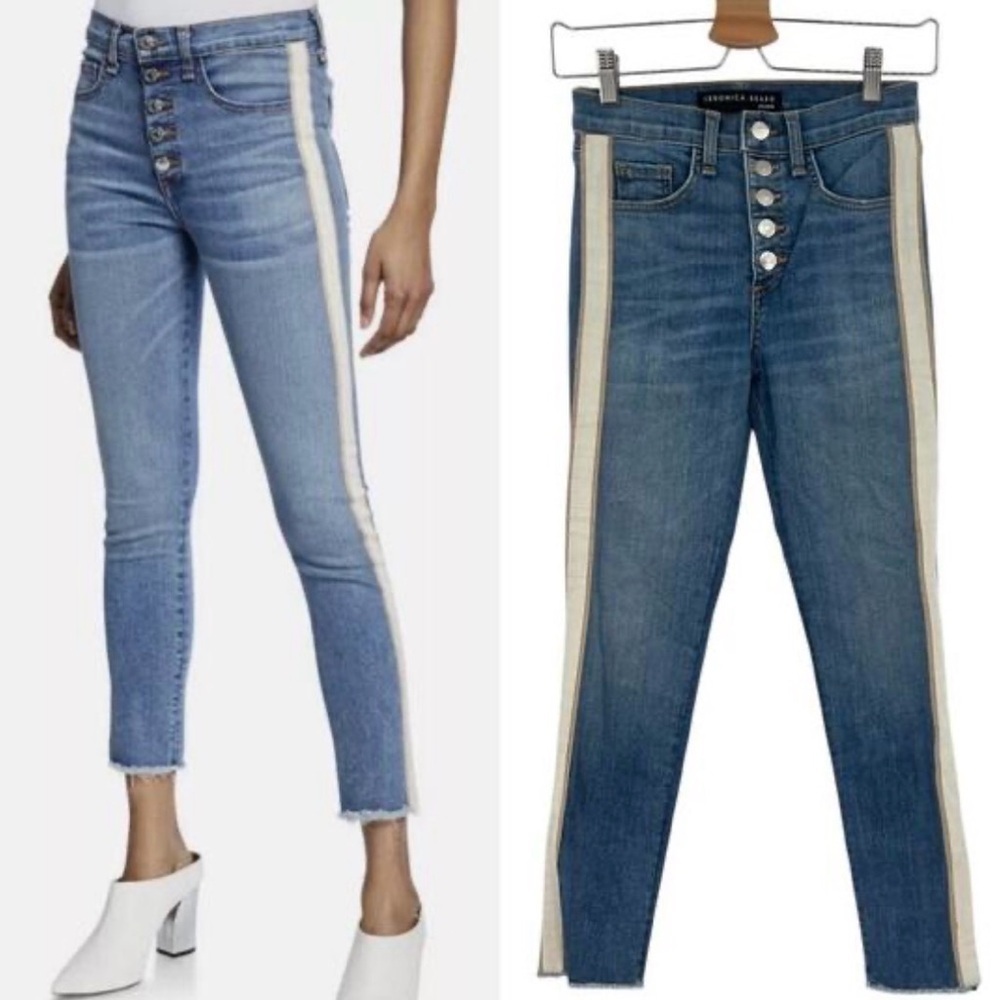 Veronica Beard Debbie Tuxedo Stripe High Rise Skinny Jeans 27/4 Grotto Wash Crop